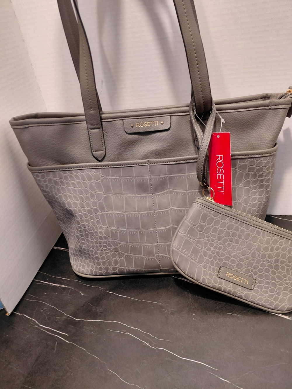 Rosetti Gray Croc-Texture Tote with Wristlet